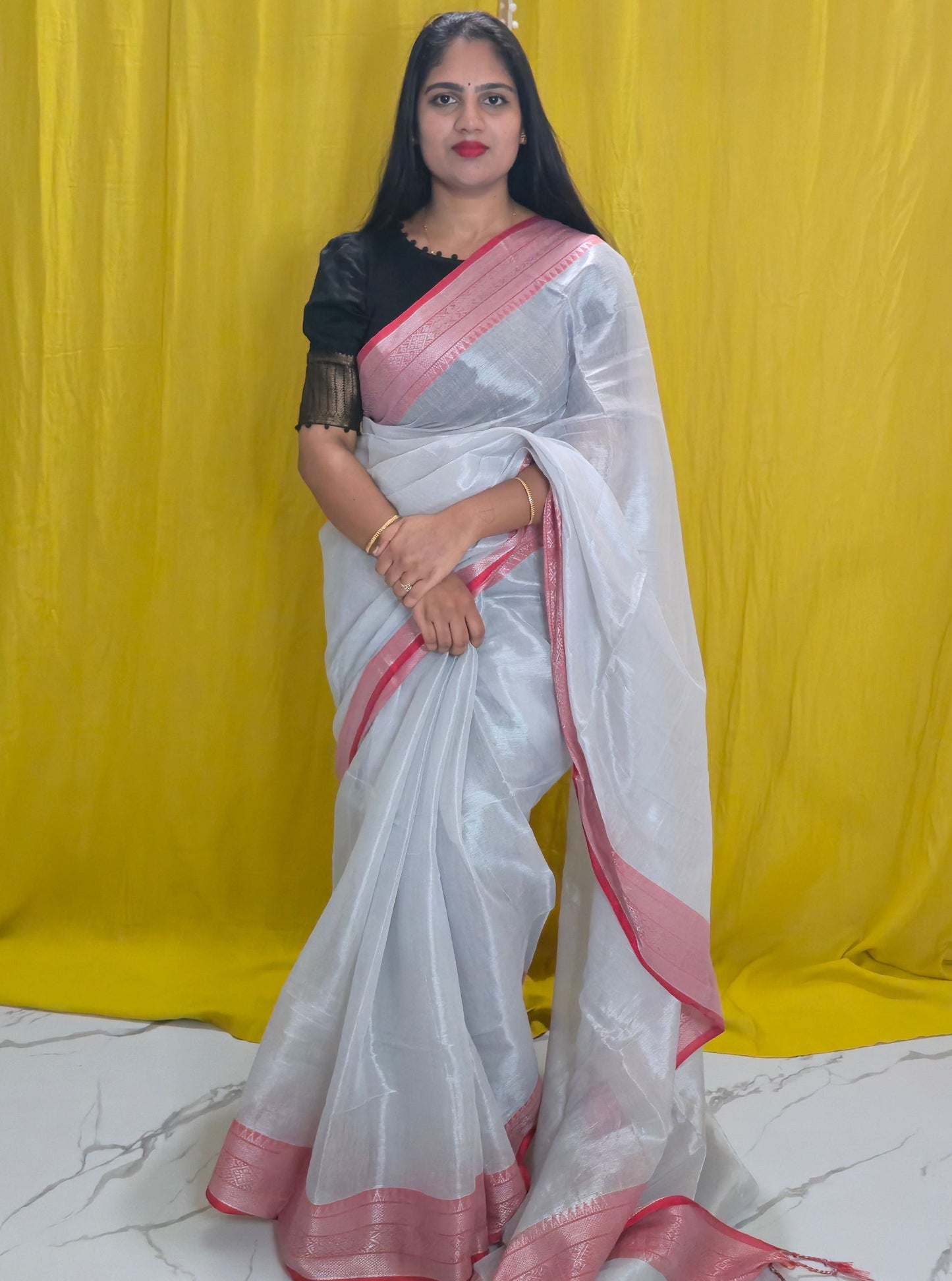 Ivory White Tissue Cotton Saree with Blush Pink Border
