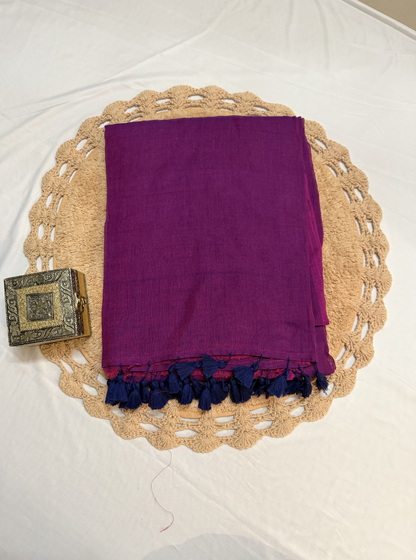 Royal Magenta Mul Cotton Saree with Contrast Navy Tassels