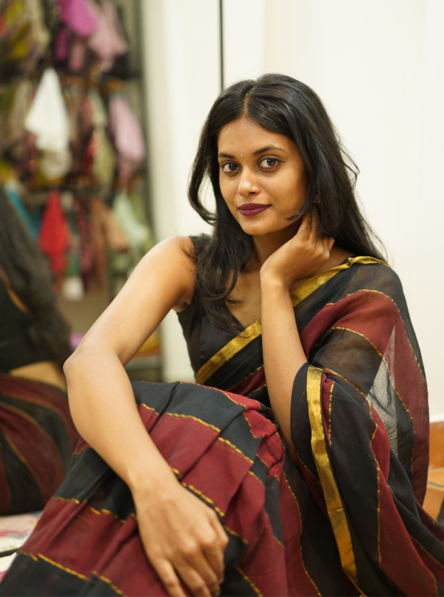 Black & Maroon Striped Mul Cotton Saree with Subtle Gold Border