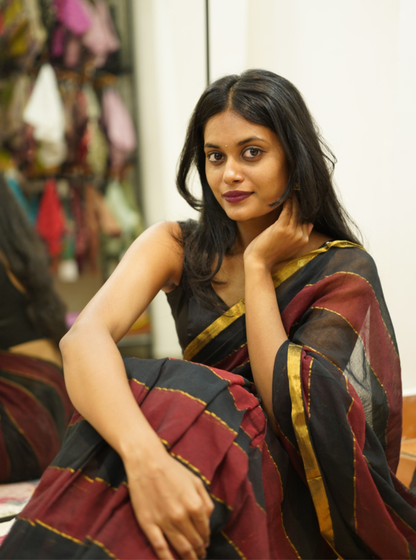 Black & Maroon Striped Mul Cotton Saree with Subtle Gold Border