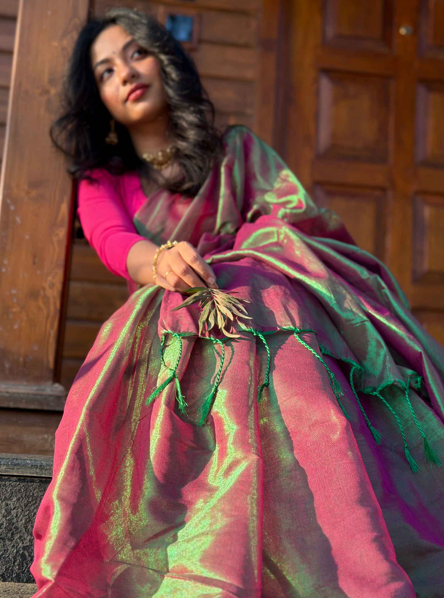 Rose Pink & Aqua Tissue Cotton Saree with Subtle Sheen