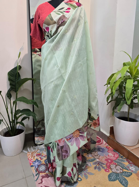 Mint Green Tussar Saree with Floral Digital Print & Subtle Embellishments