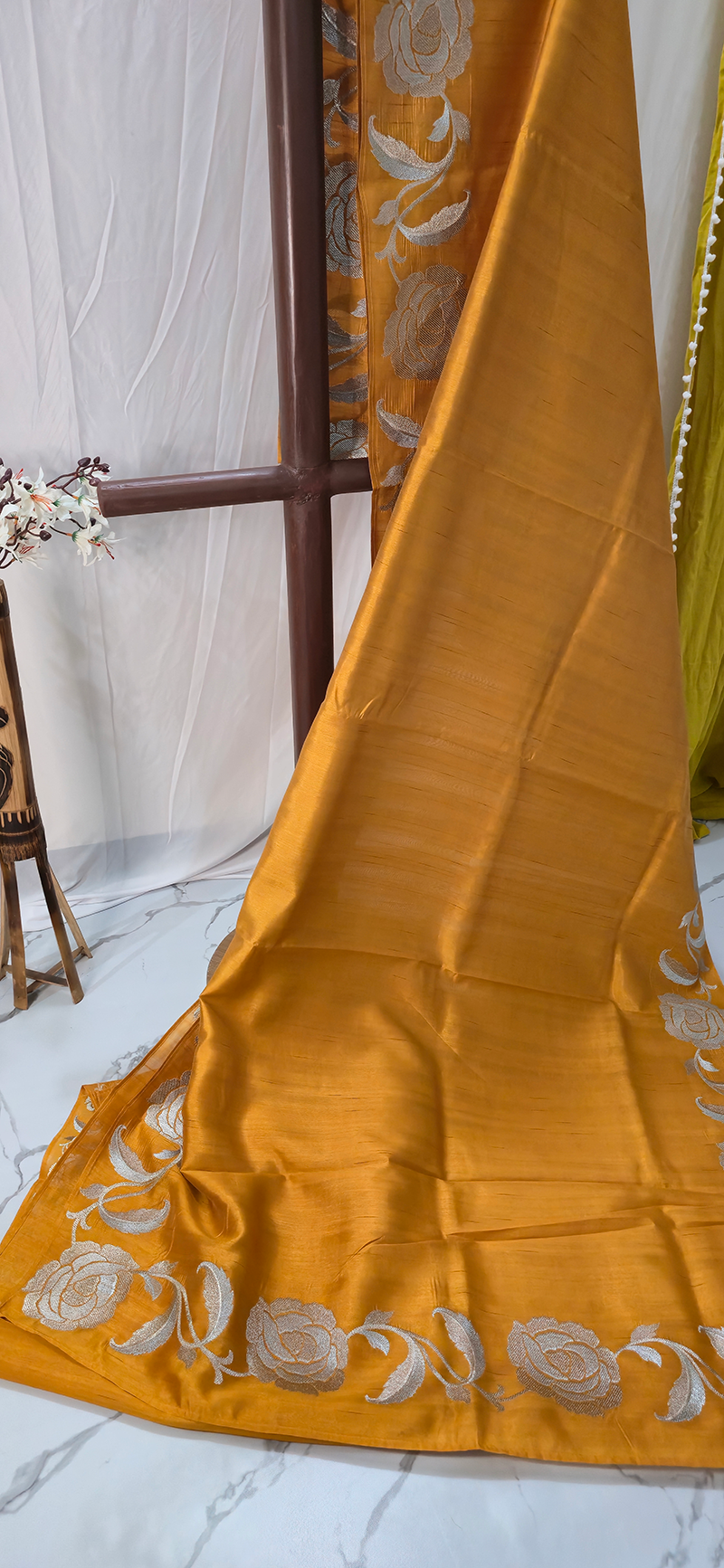 Elegant Yellow Tussar Silk Saree with Silver Flower Embroidery Border for Festive Wear