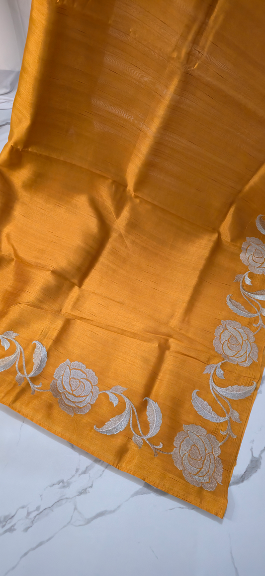 Elegant Yellow Tussar Silk Saree with Silver Flower Embroidery Border for Festive Wear