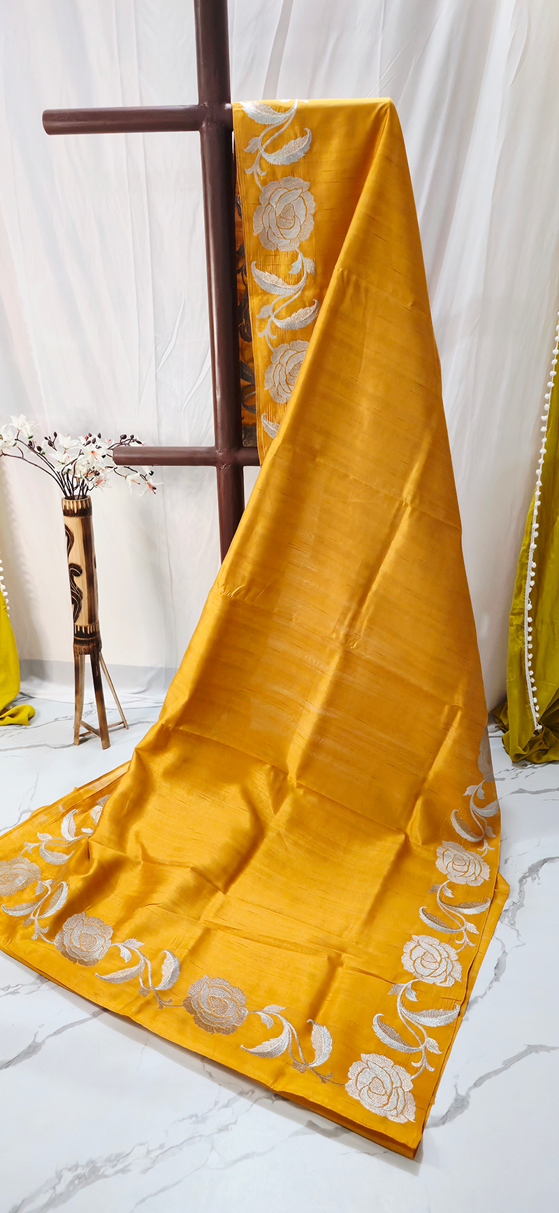 Elegant Yellow Tussar Silk Saree with Silver Flower Embroidery Border for Festive Wear
