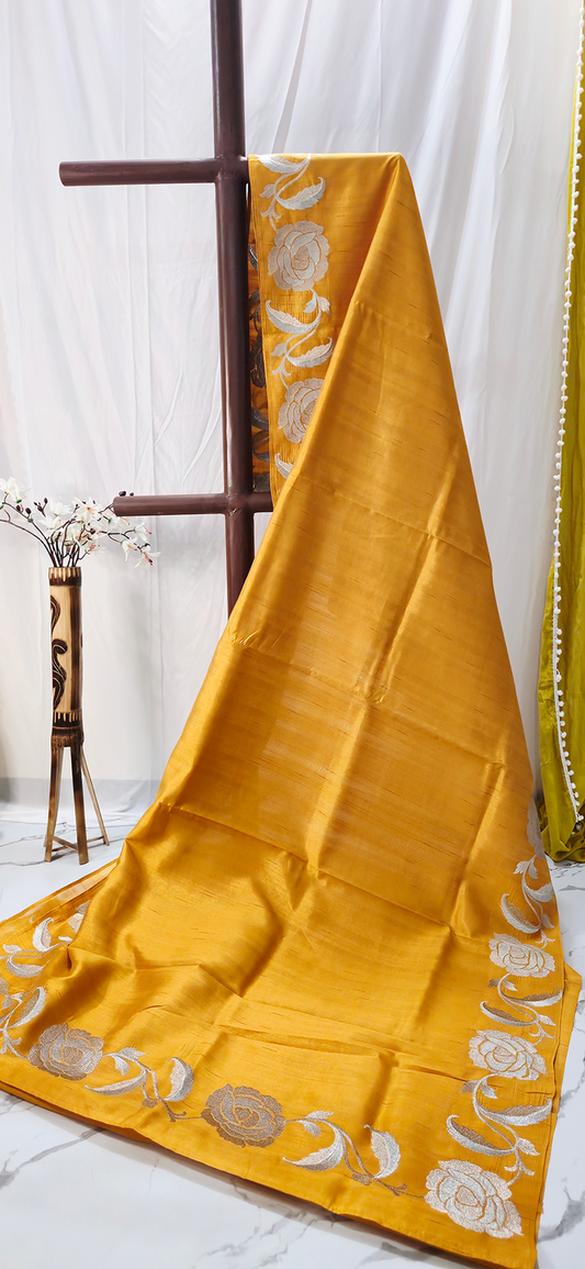Elegant Yellow Tussar Silk Saree with Silver Flower Embroidery Border for Festive Wear