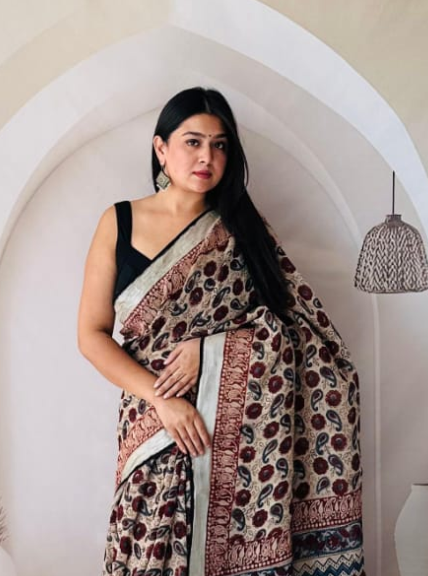 Earthy Beige Hand-Printed Linen Cotton Saree with Floral & Geometric Borders