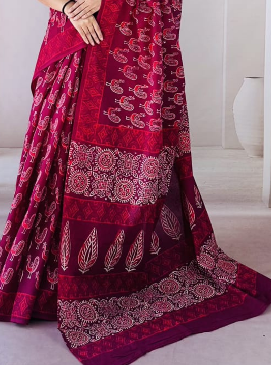 Deep Maroon Bagru Print Cotton Saree with Beige Ethnic Motifs