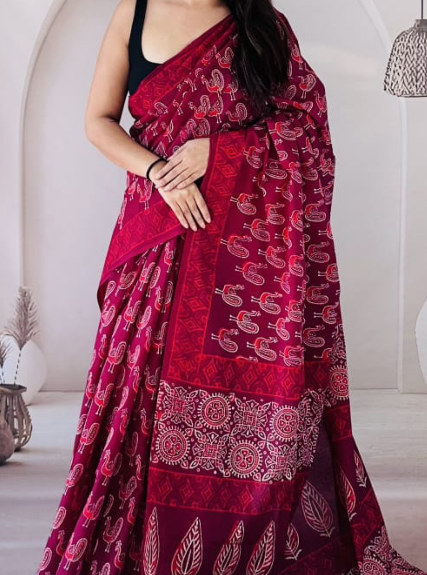 Deep Maroon Bagru Print Cotton Saree with Beige Ethnic Motifs