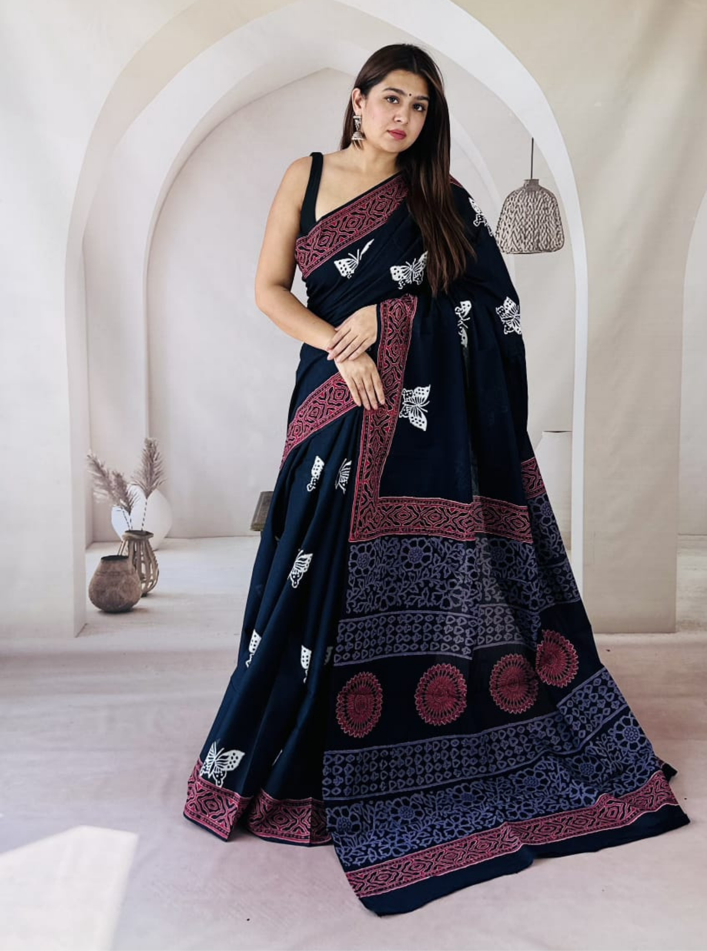 Midnight Black Bagru Print Cotton Saree with Maroon & Indigo Border