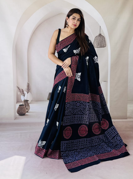 Midnight Black Bagru Print Cotton Saree with Maroon & Indigo Border