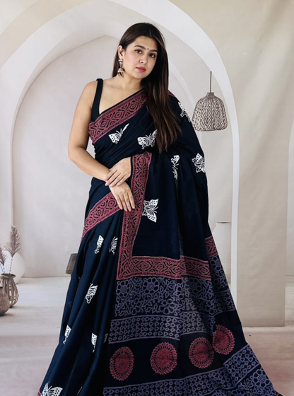 Midnight Black Bagru Print Cotton Saree with Maroon & Indigo Border