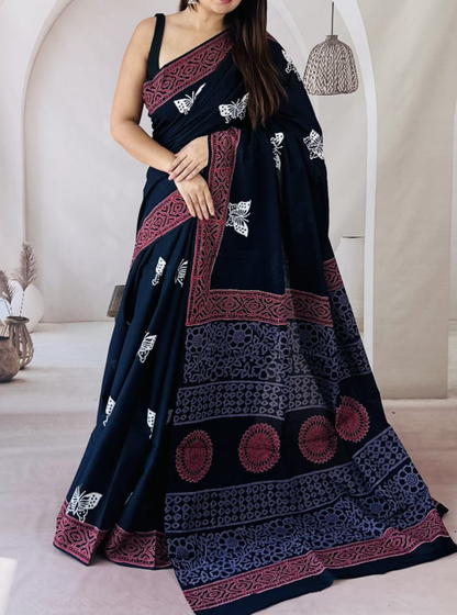 Midnight Black Bagru Print Cotton Saree with Maroon & Indigo Border