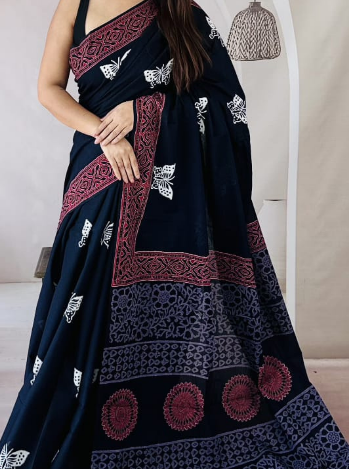 Midnight Black Bagru Print Cotton Saree with Maroon & Indigo Border