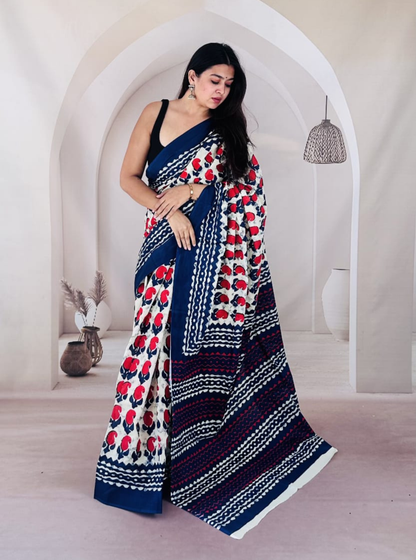 Indigo & Red Floral Bagru Print Cotton Saree with Geometric Pallu