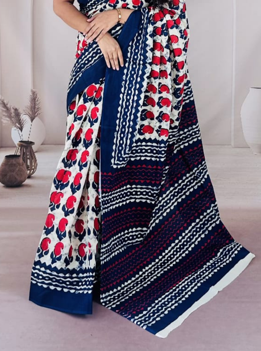 Indigo & Red Floral Bagru Print Cotton Saree with Geometric Pallu