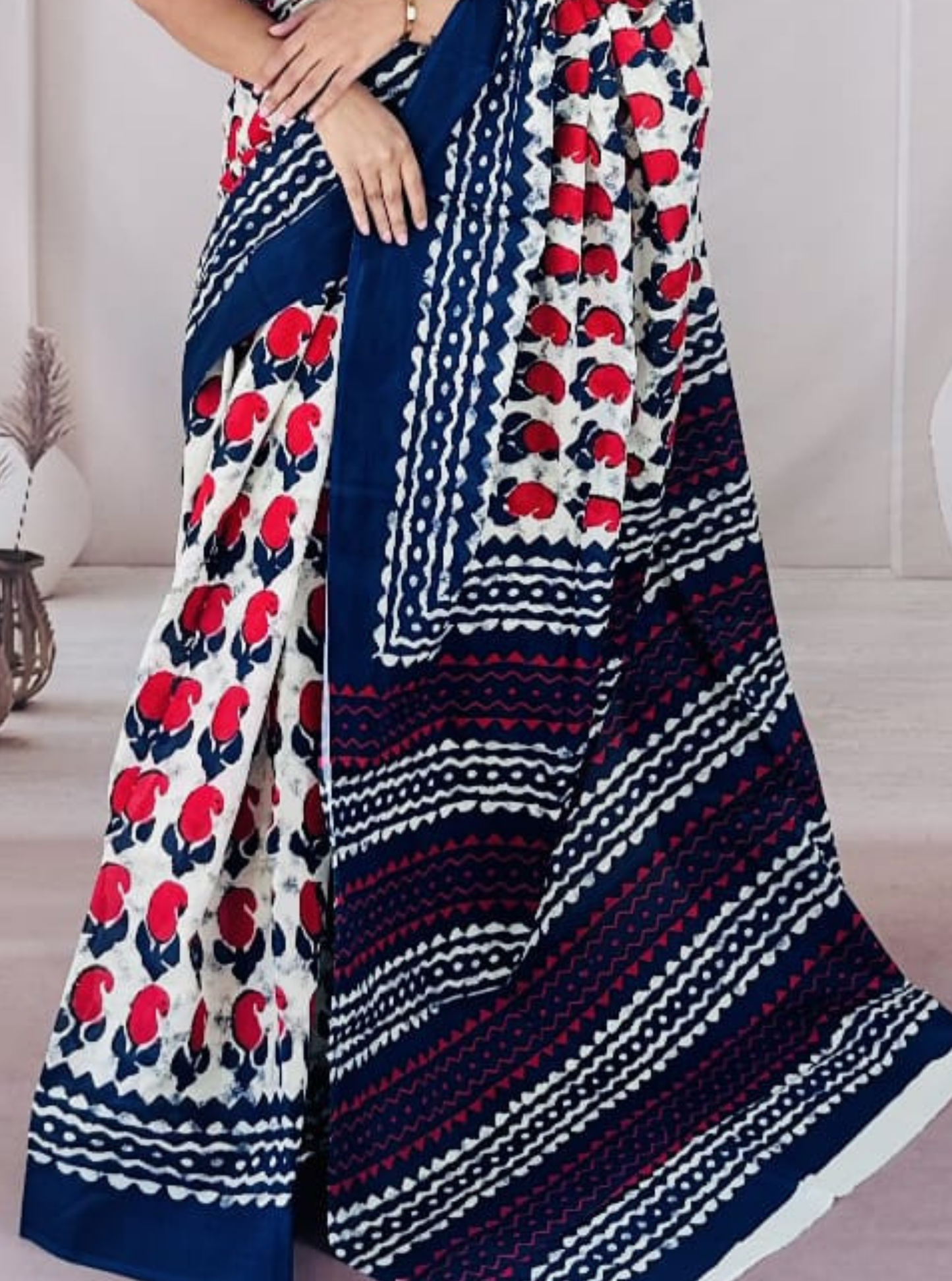 Indigo & Red Floral Bagru Print Cotton Saree with Geometric Pallu