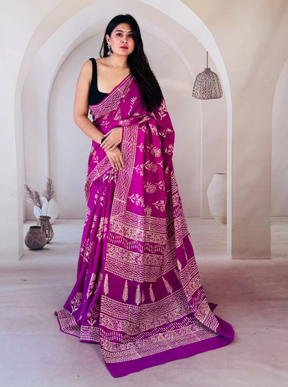 Royal Magenta Bagru Print Cotton Saree with Beige Ethnic Motifs