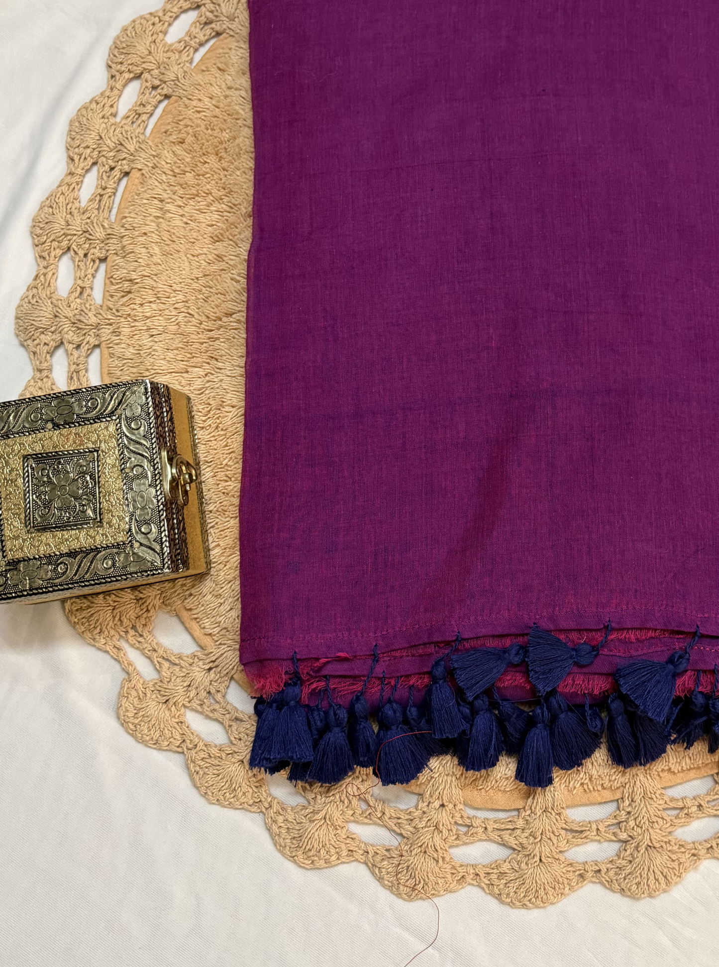 Royal Magenta Mul Cotton Saree with Contrast Navy Tassels