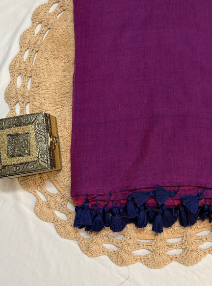 Royal Magenta Mul Cotton Saree with Contrast Navy Tassels