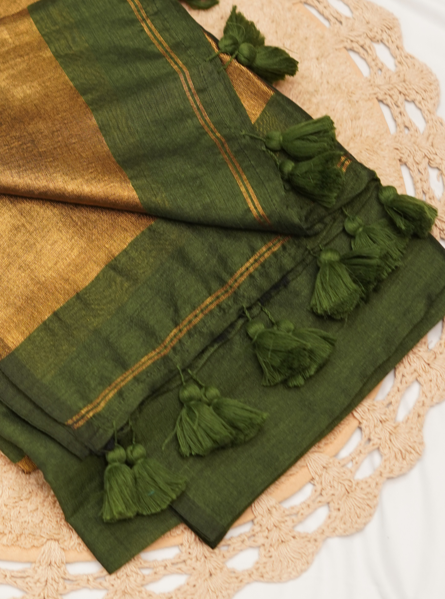 Olive Green Mul Cotton Saree with Rich Gold Pallu & Tassels
