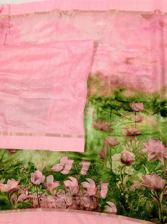 Blush Pink Chanderi Silk Saree with Hand-Painted Lotus Garden Pallu