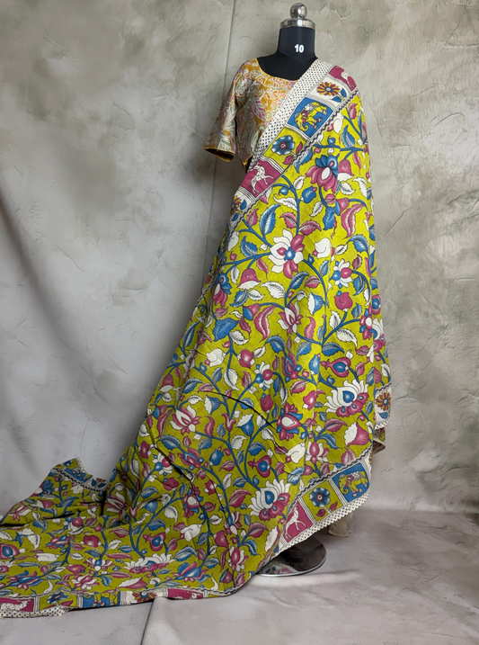 Lime Yellow Cotton Kalamkari Saree with Multicolor Floral Vine Motifs