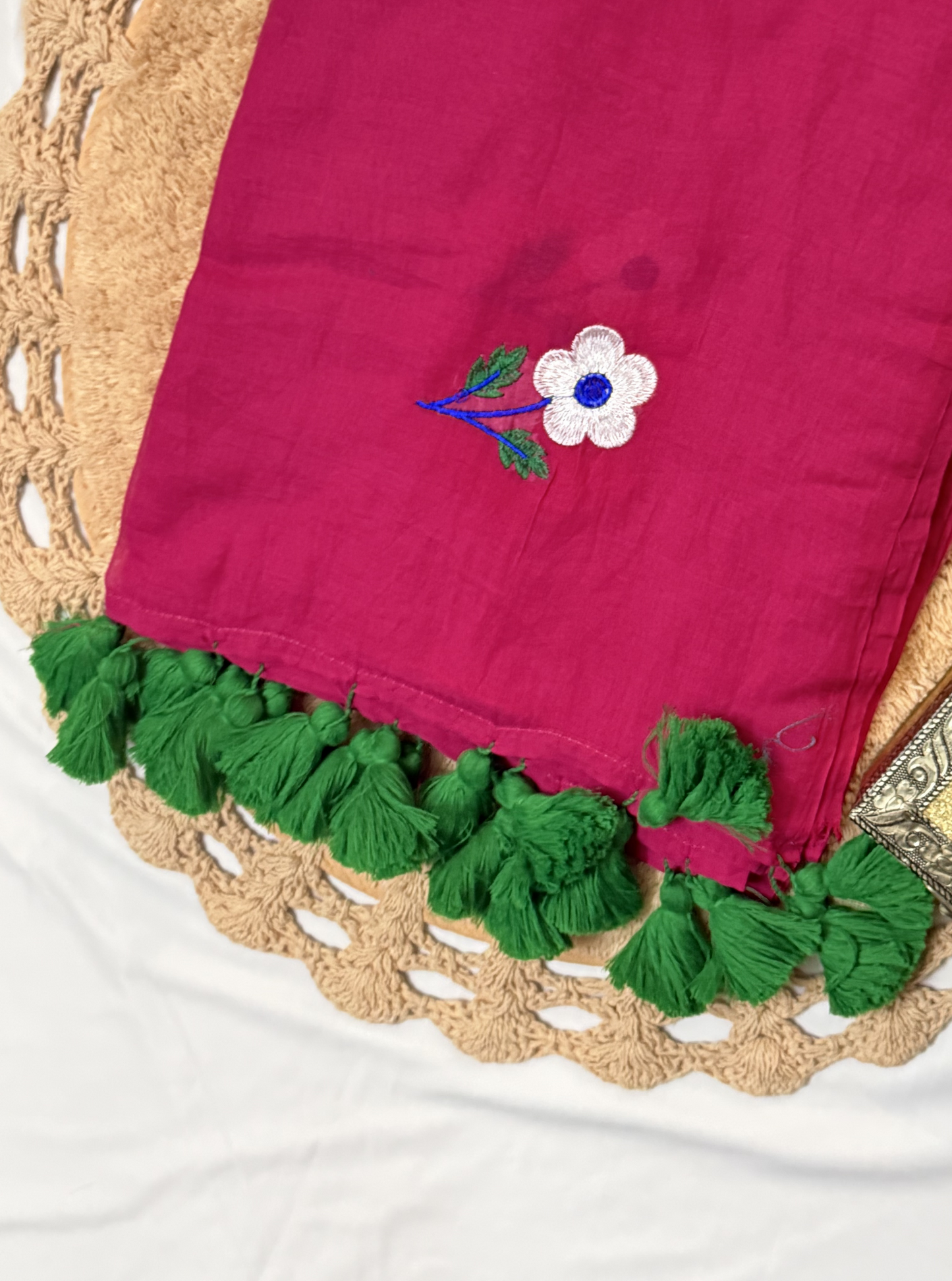 Blossom Pink Mul Cotton Saree with Floral Embroidery & Green Tassels
