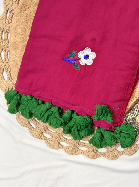 Blossom Pink Mul Cotton Saree with Floral Embroidery & Green Tassels