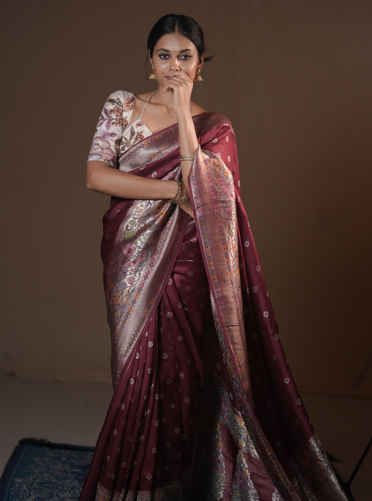 Elegant Wine Tussar Silk Saree with Woven Zari Motifs
