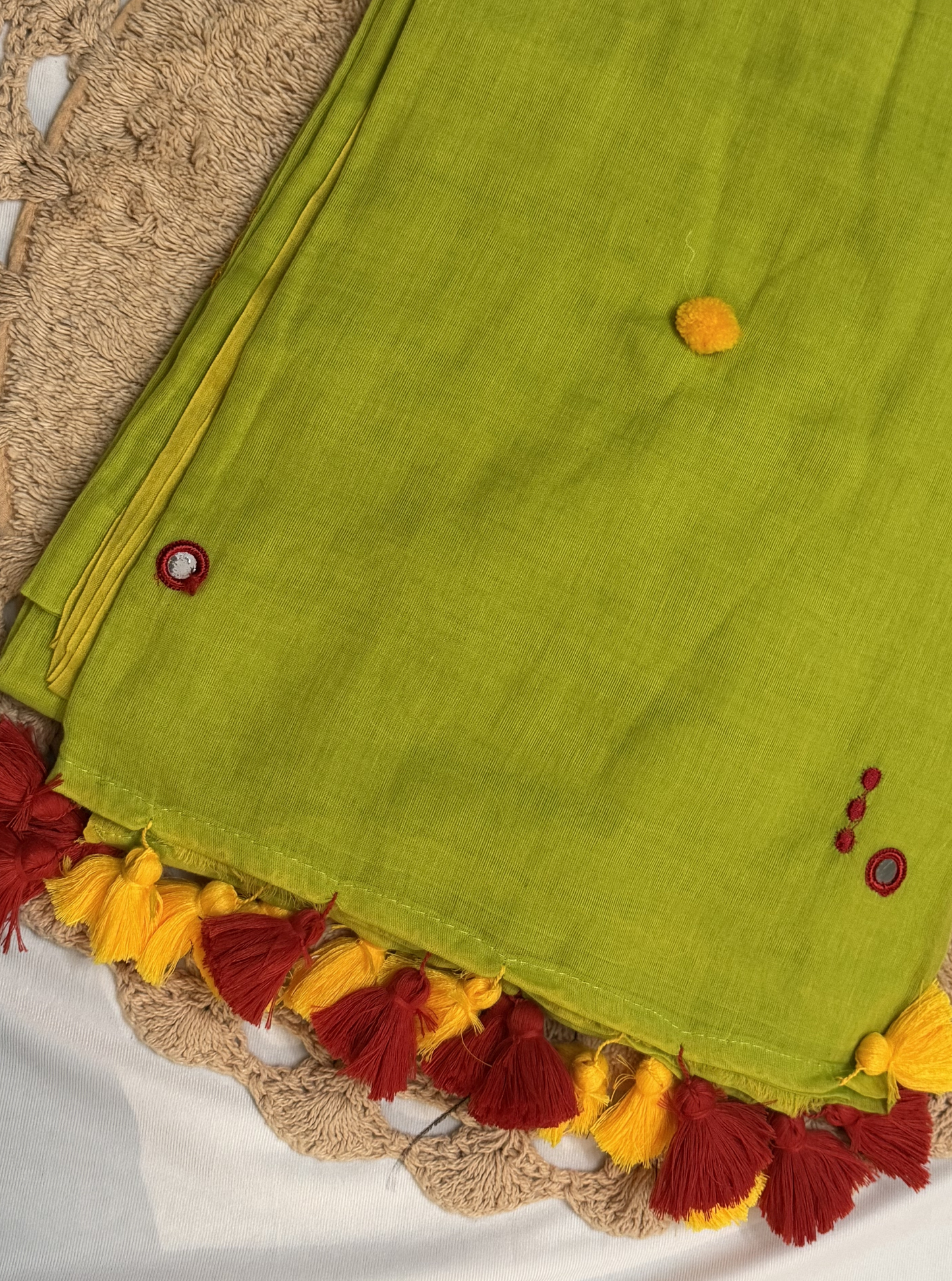 Parrot Green Mul Cotton Saree with Red & Yellow Tassels