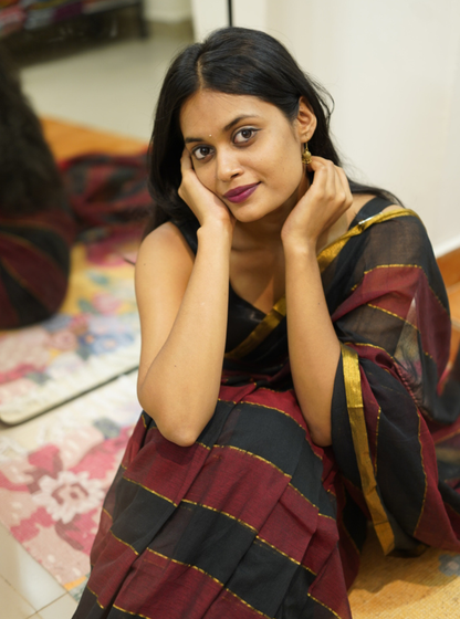 Black & Maroon Striped Mul Cotton Saree with Subtle Gold Border