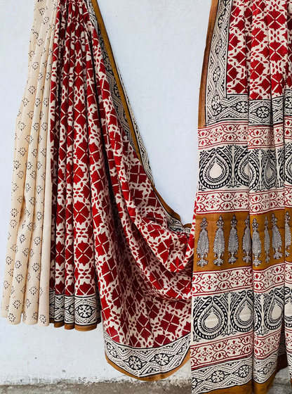 Handblock Bagru Print Cotton Saree in Ivory & Red