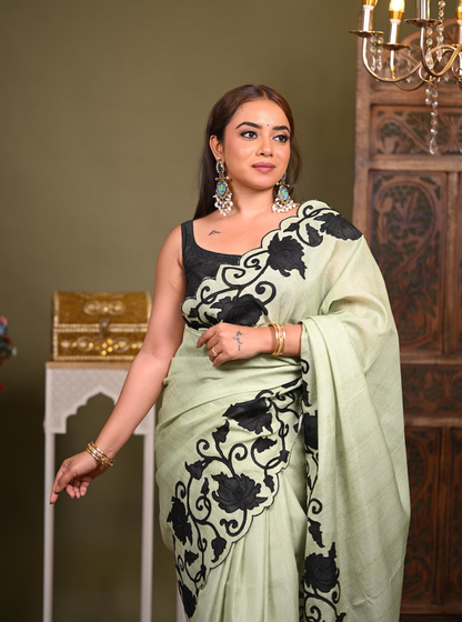 Sage Green Kota Applique Cutwork Saree with Black Floral Border