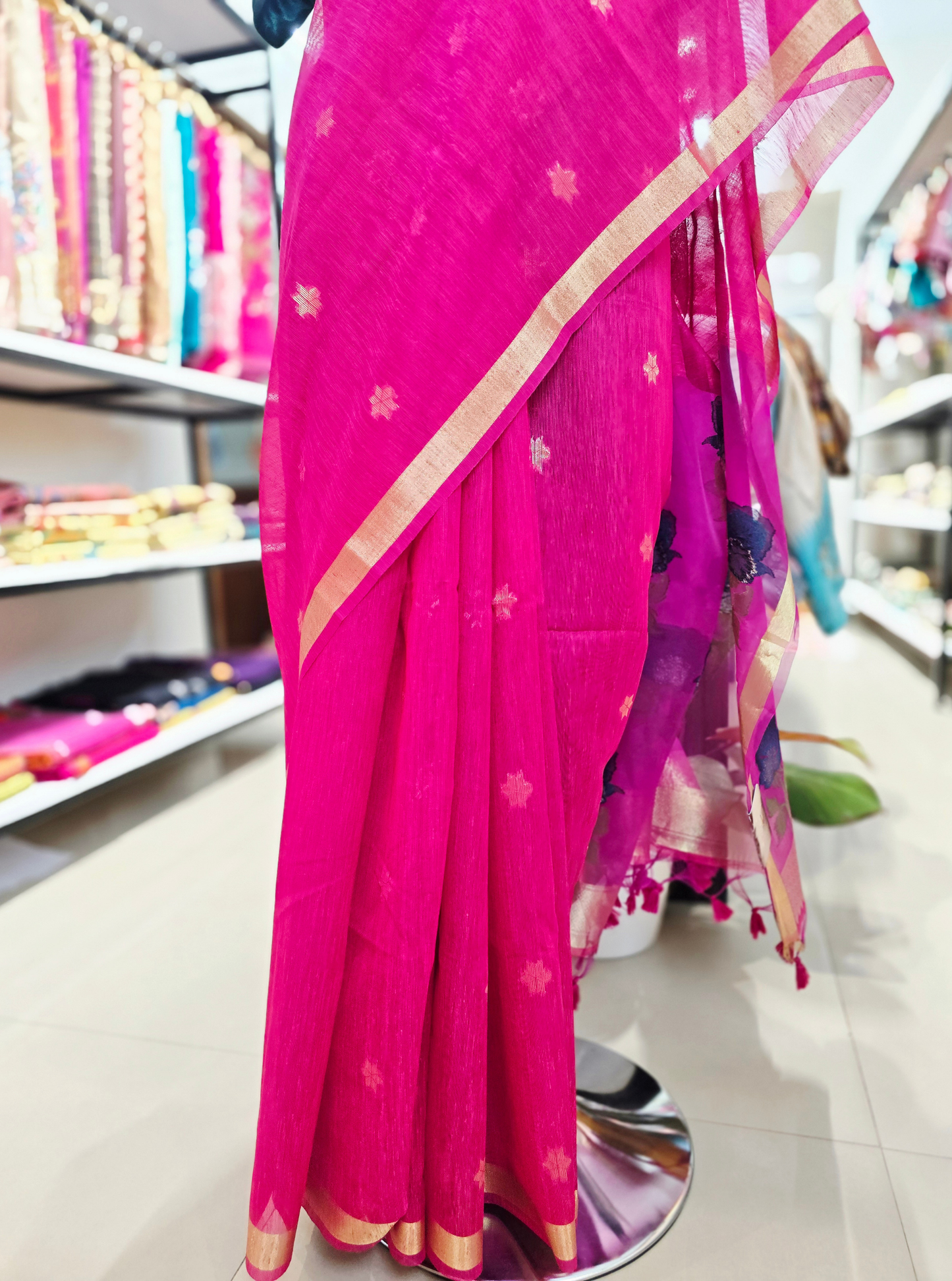 Vibrant Pink Cotton Saree with Organza Pallu & Gold Accents