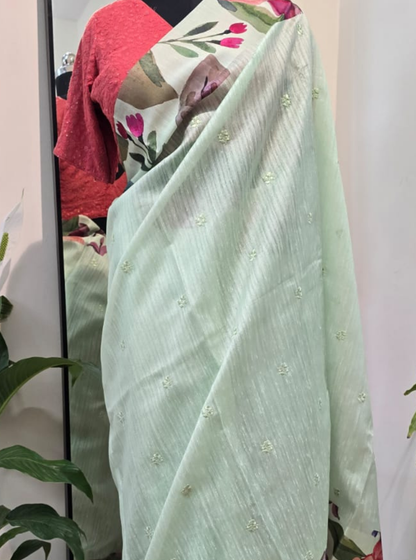 Mint Green Tussar Saree with Floral Digital Print & Subtle Embellishments
