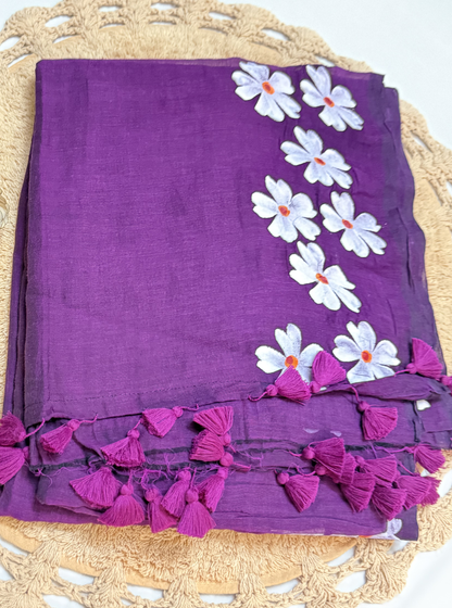 Royal Violet Mul Cotton Saree with Floral Trail Design & Tassel Pallu