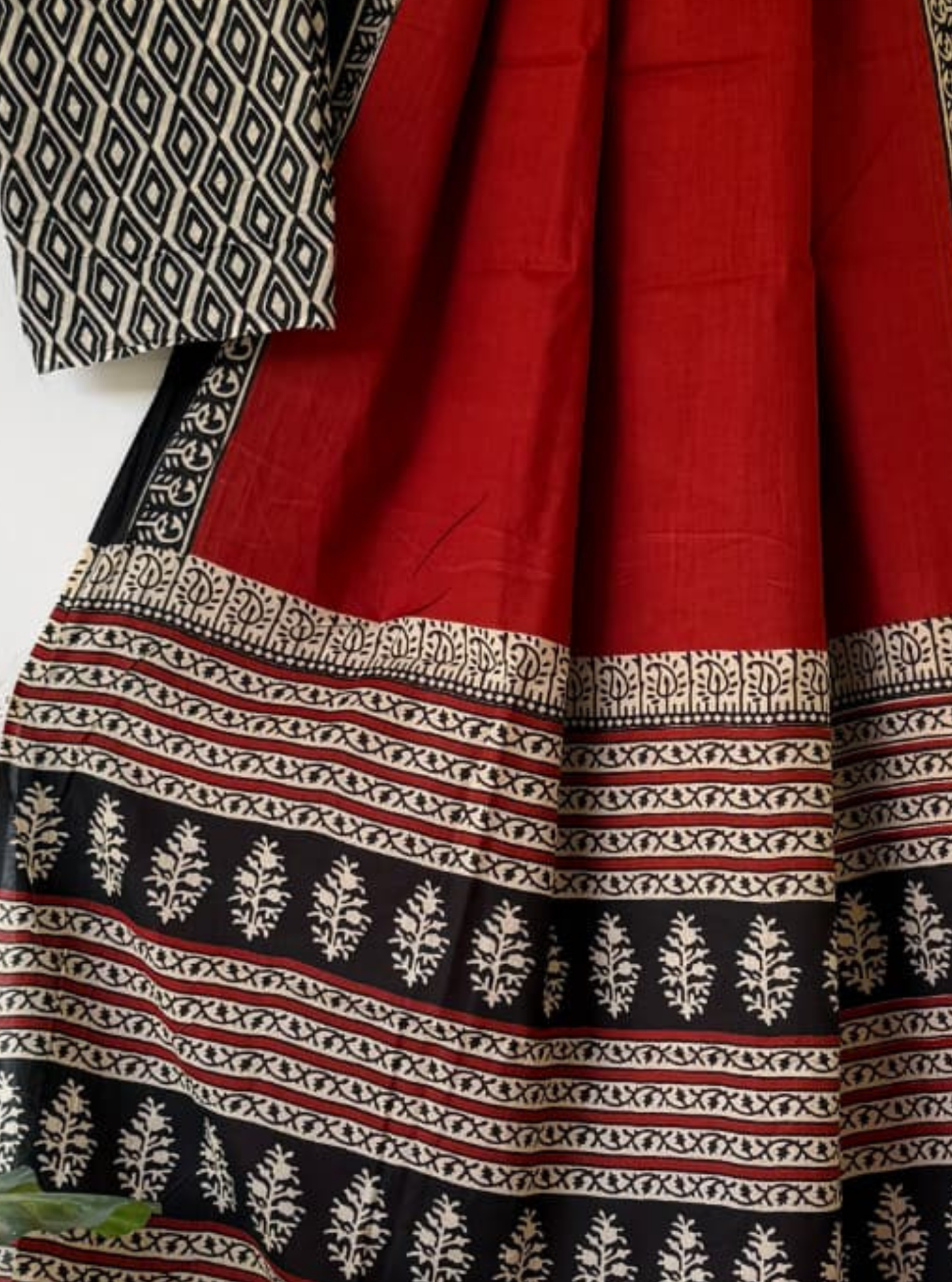 Classic Red & Black Bagru Print Cotton Saree with Ethnic Border