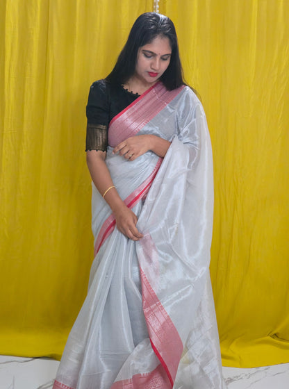 Ivory White Tissue Cotton Saree with Blush Pink Border