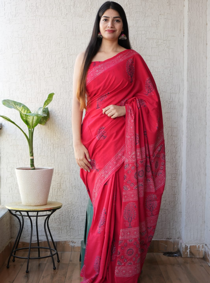 Elegant Red Modal Silk Saree with Intricate Traditional Motifs