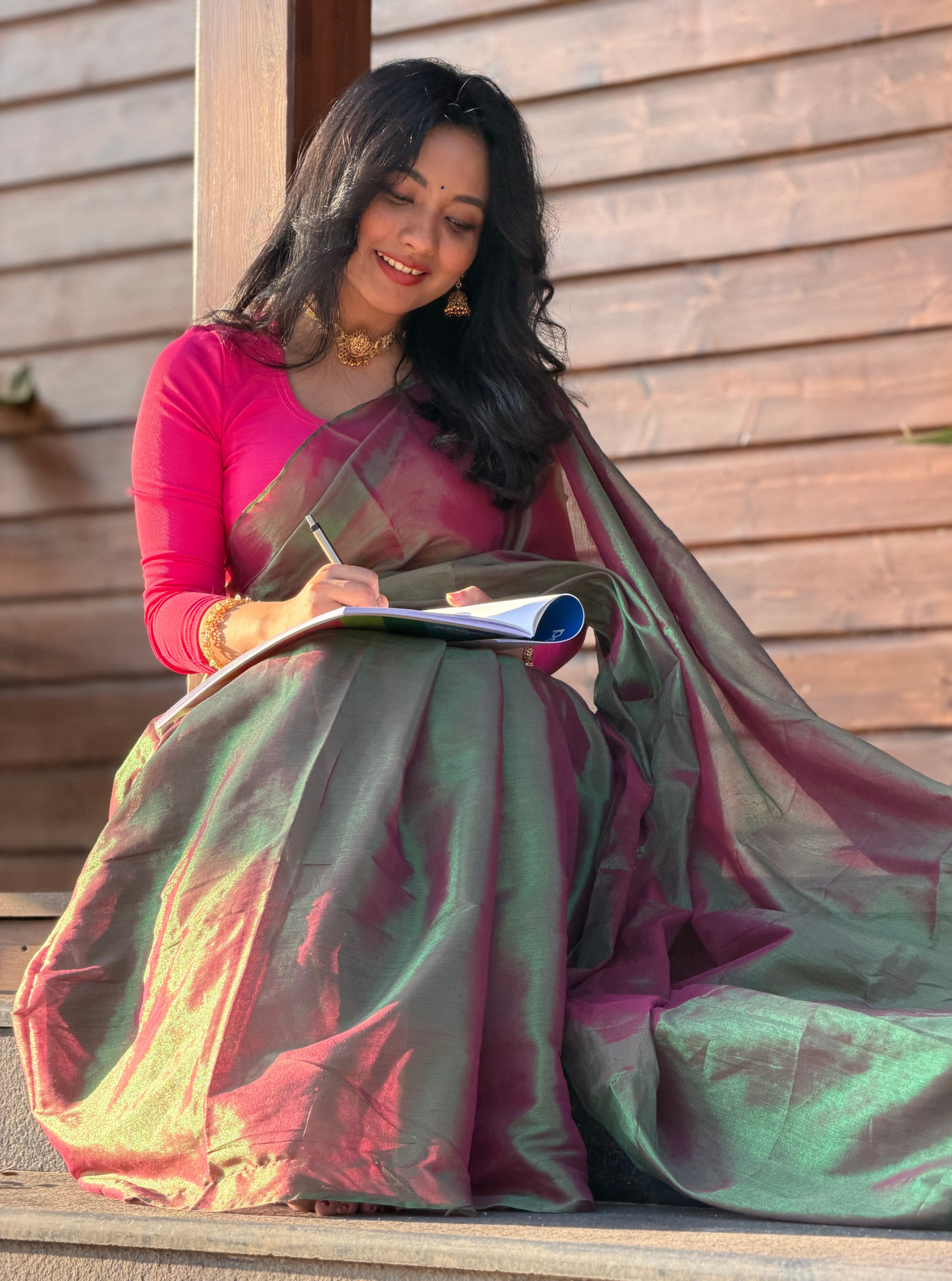 Rose Pink & Aqua Tissue Cotton Saree with Subtle Sheen
