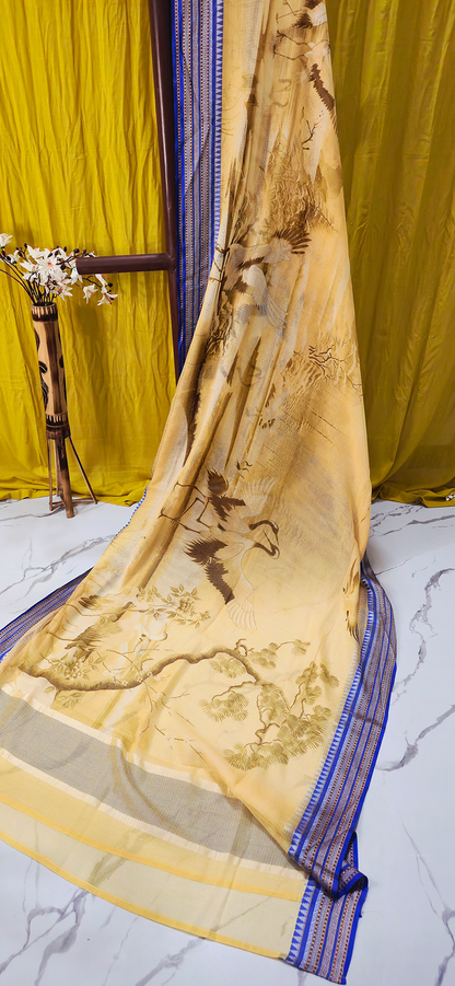 Stunning Yellow Kota Silk Saree with Crane Digital Print for Festive Wear