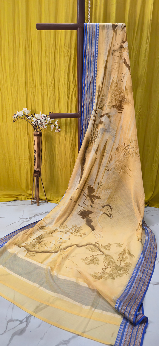 Stunning Yellow Kota Silk Saree with Crane Digital Print for Festive Wear