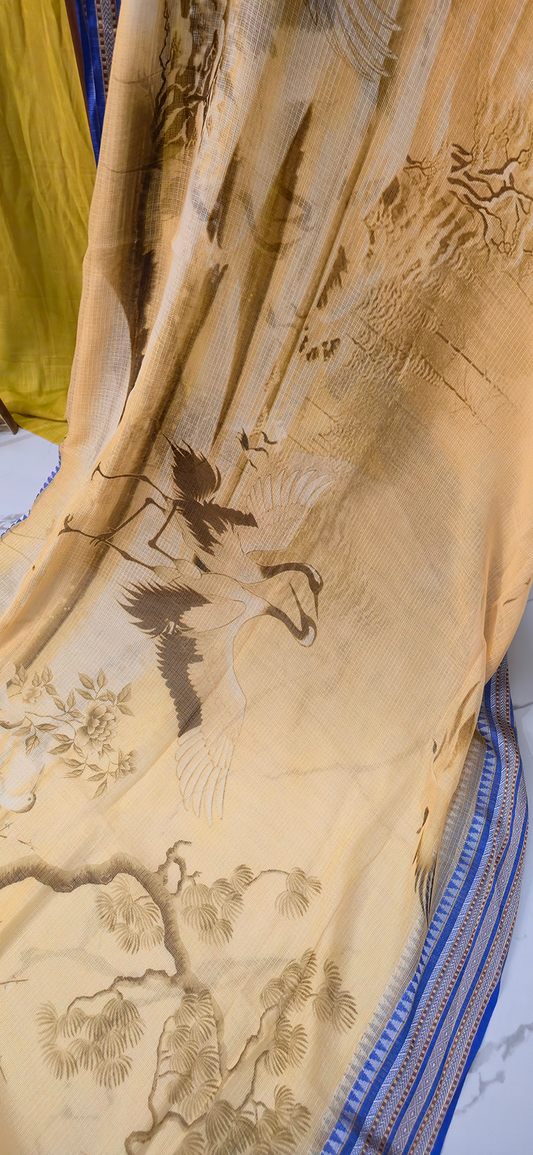 Stunning Yellow Kota Silk Saree with Crane Digital Print for Festive Wear