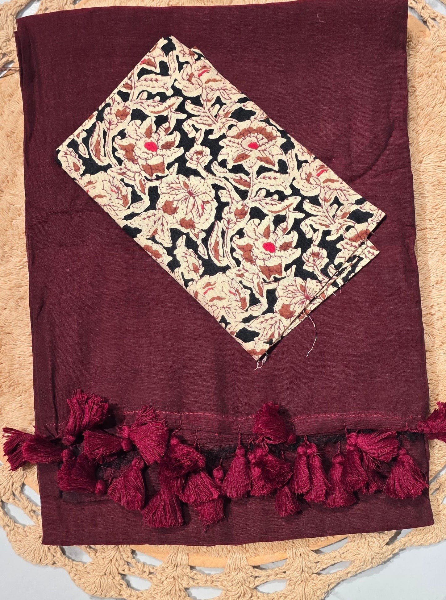 Wine Mul Cotton Saree with Maroon Tasselled Pallu & Floral Printed Blouse