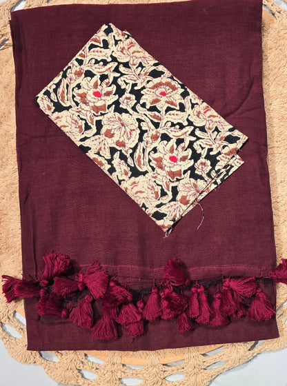 Wine Mul Cotton Saree with Maroon Tasselled Pallu & Floral Printed Blouse