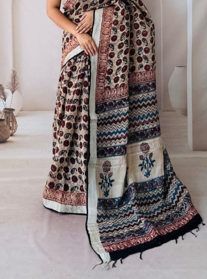 Earthy Beige Hand-Printed Linen Cotton Saree with Floral & Geometric Borders