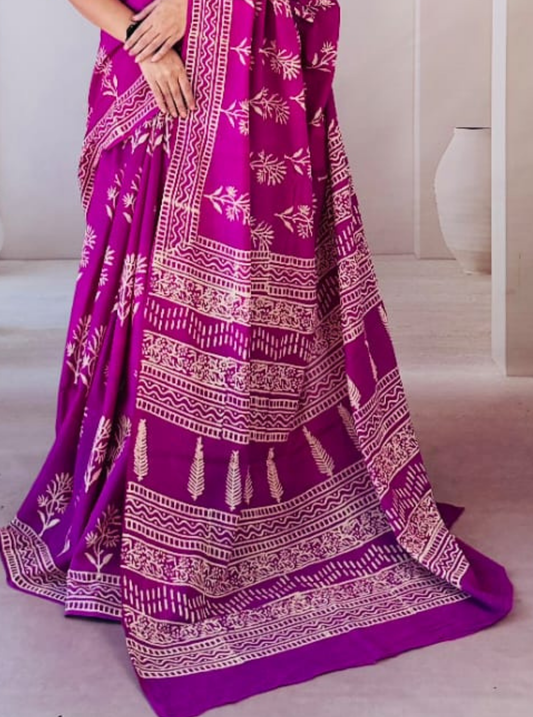 Royal Magenta Bagru Print Cotton Saree with Beige Ethnic Motifs