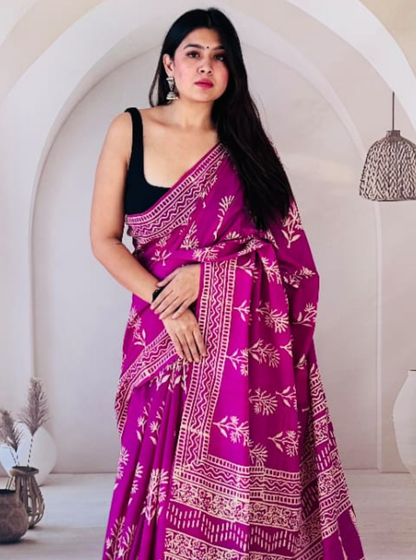 Royal Magenta Bagru Print Cotton Saree with Beige Ethnic Motifs