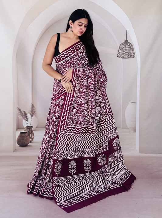 Maroon & Ivory Bagru Print Cotton Saree with Geometric Patterns